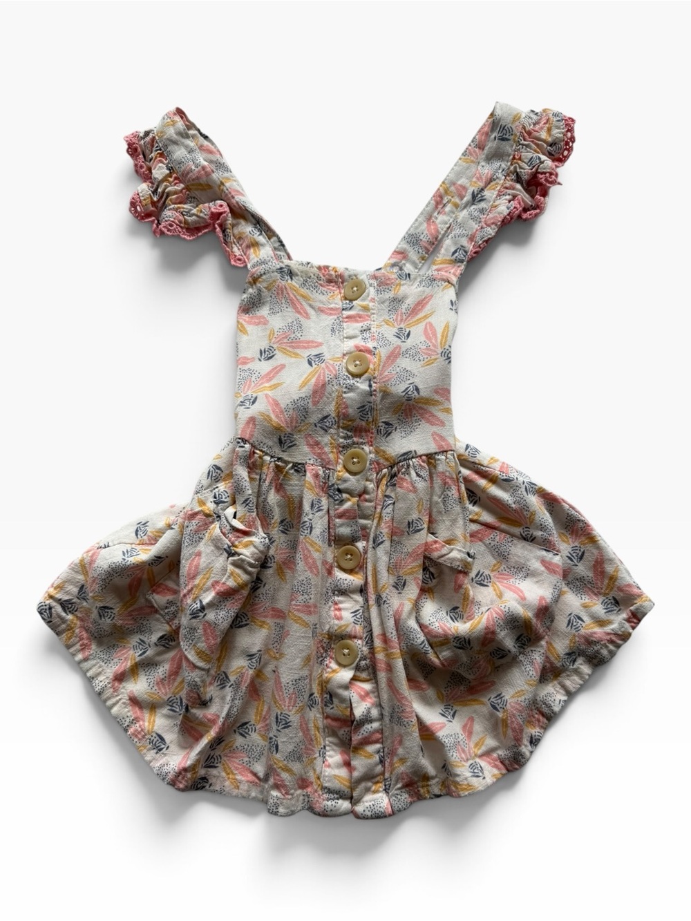 Jessica Simpson Girls Leaf-Print Button Pinafore Dress in Pink, Yellow & Navy